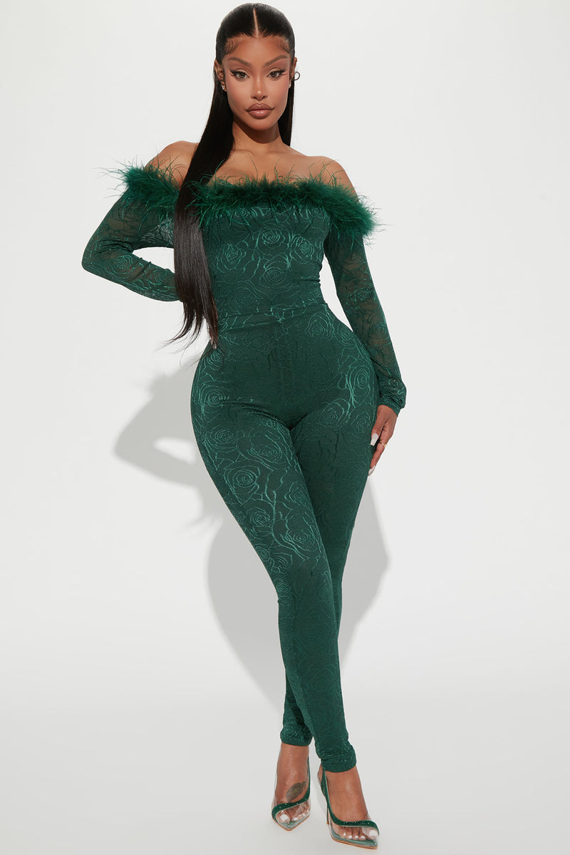 All About Us Feather Jumpsuit Kelly Green