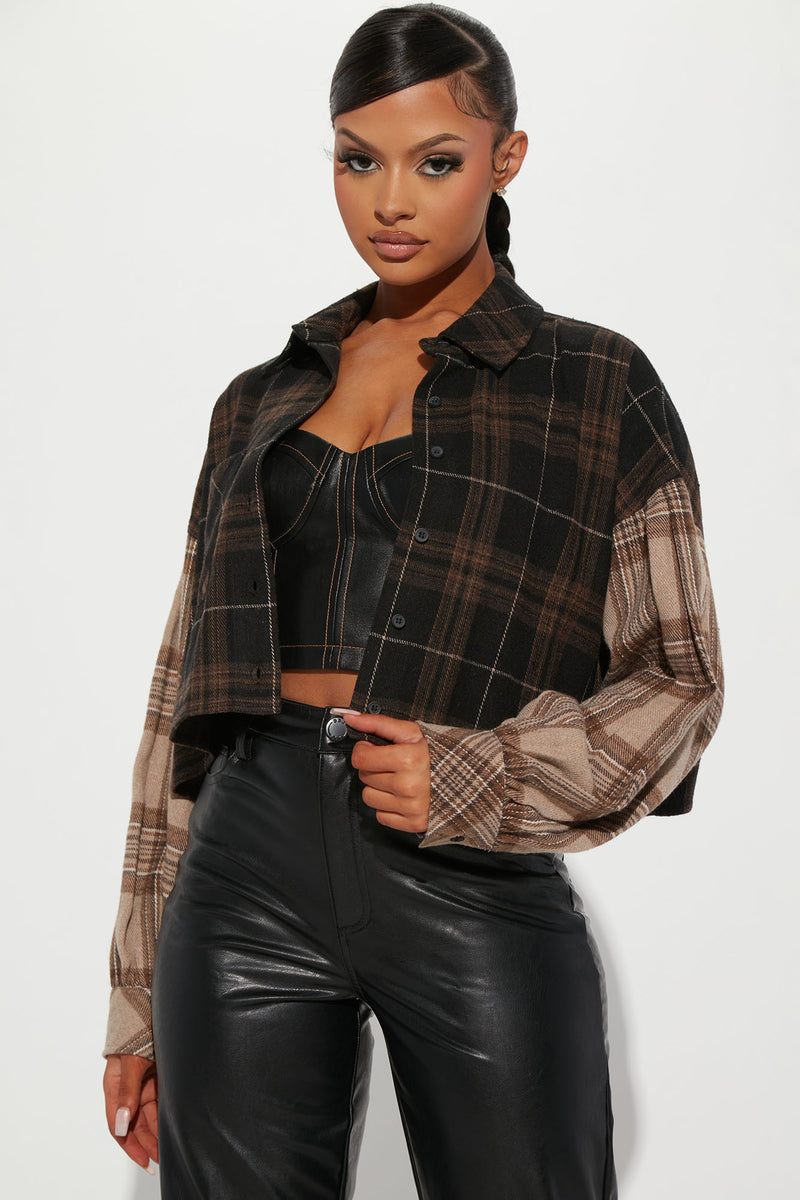 Check The Forecast Cropped Flannel Top Black combo