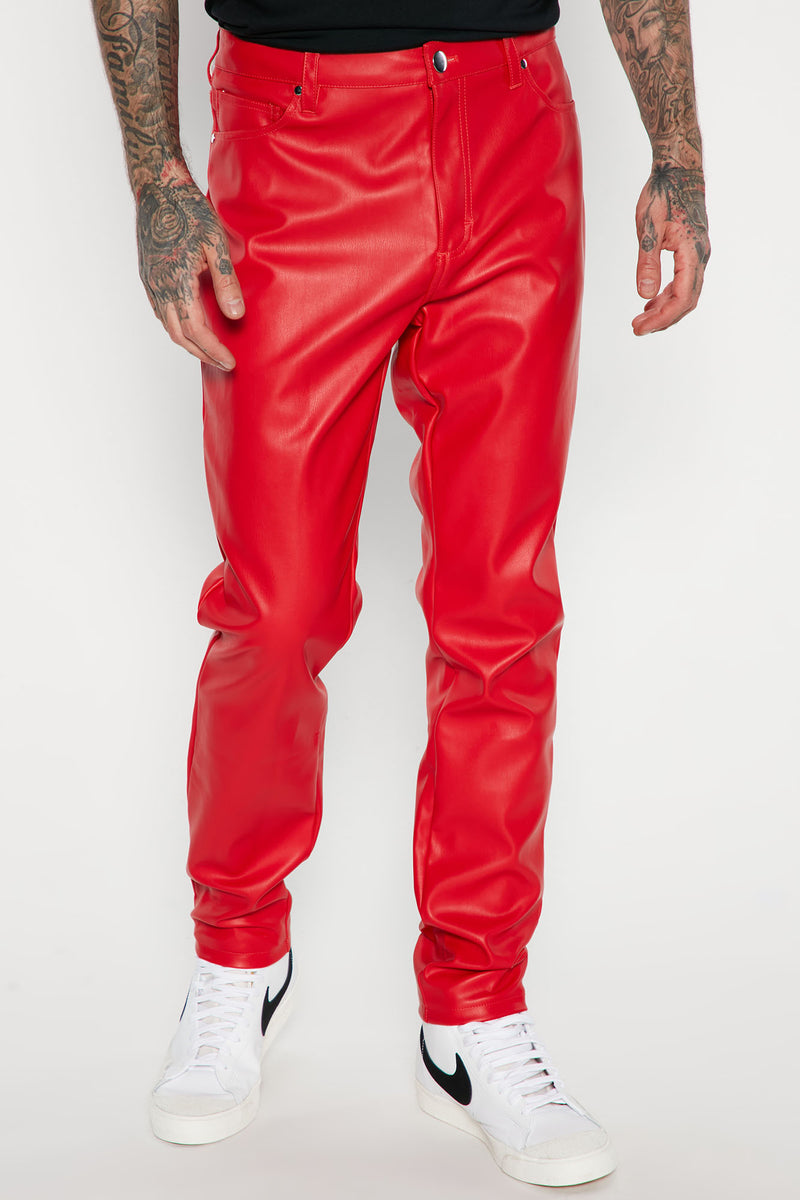 Red leather 2025 trousers mens