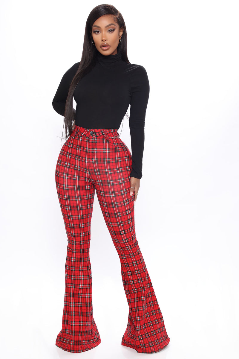 Red plaid discount flare pants
