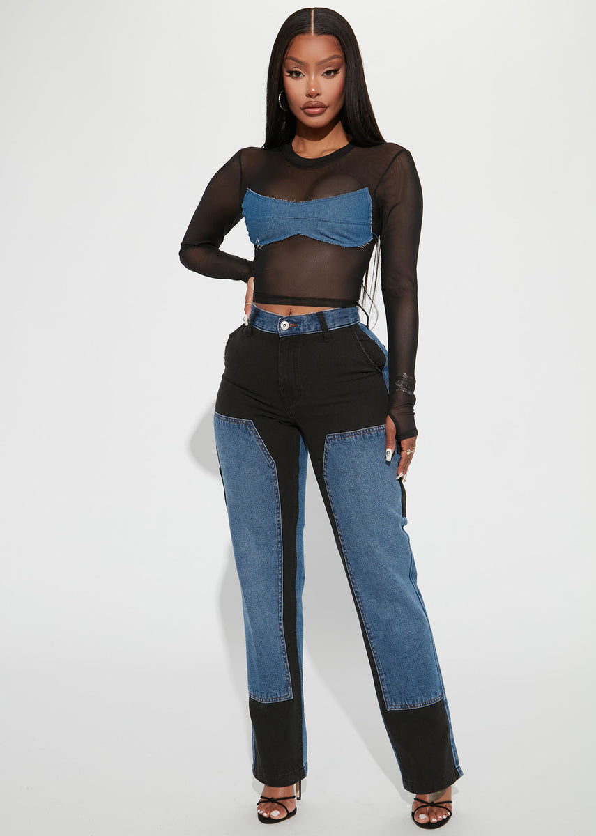 Mesh top and jeans hot sale