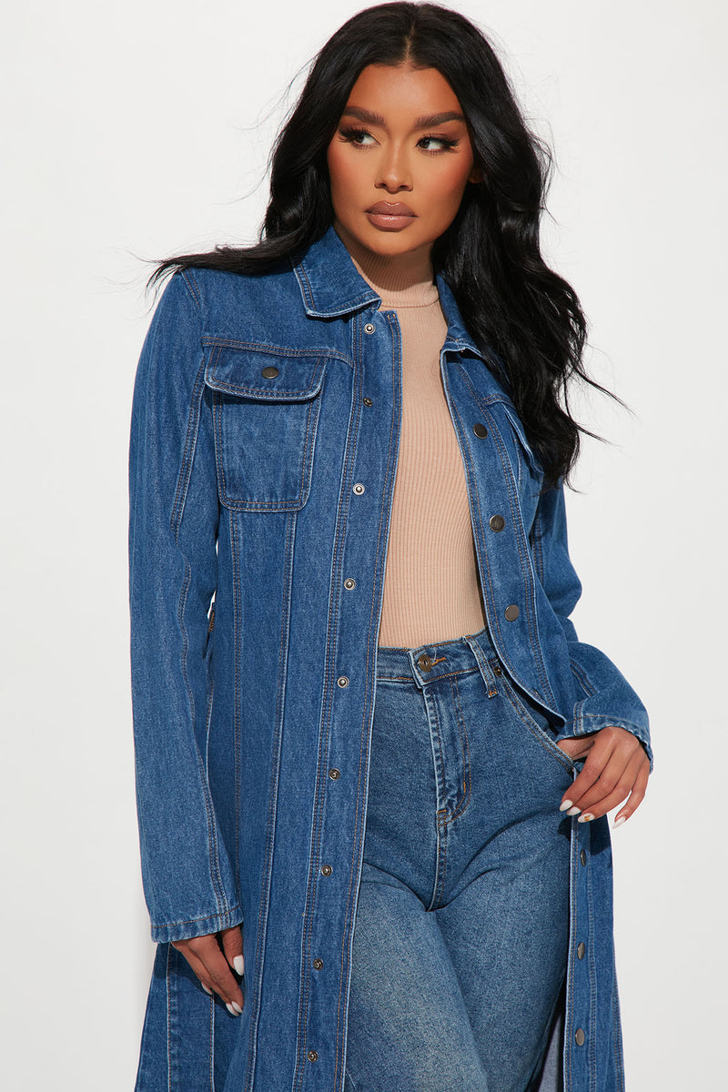 Fashion nova long denim jacket hotsell