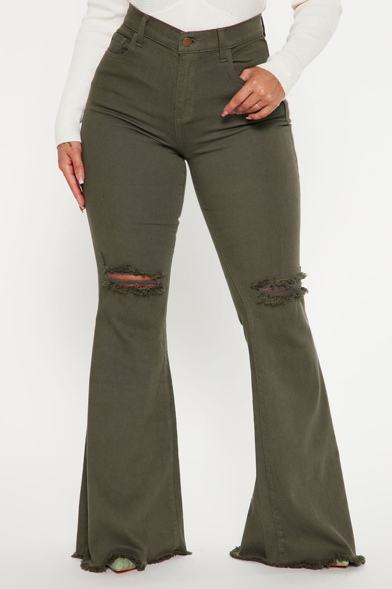 Olive green flare jeans sales