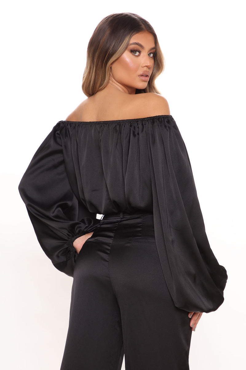 Black satin off online the shoulder top