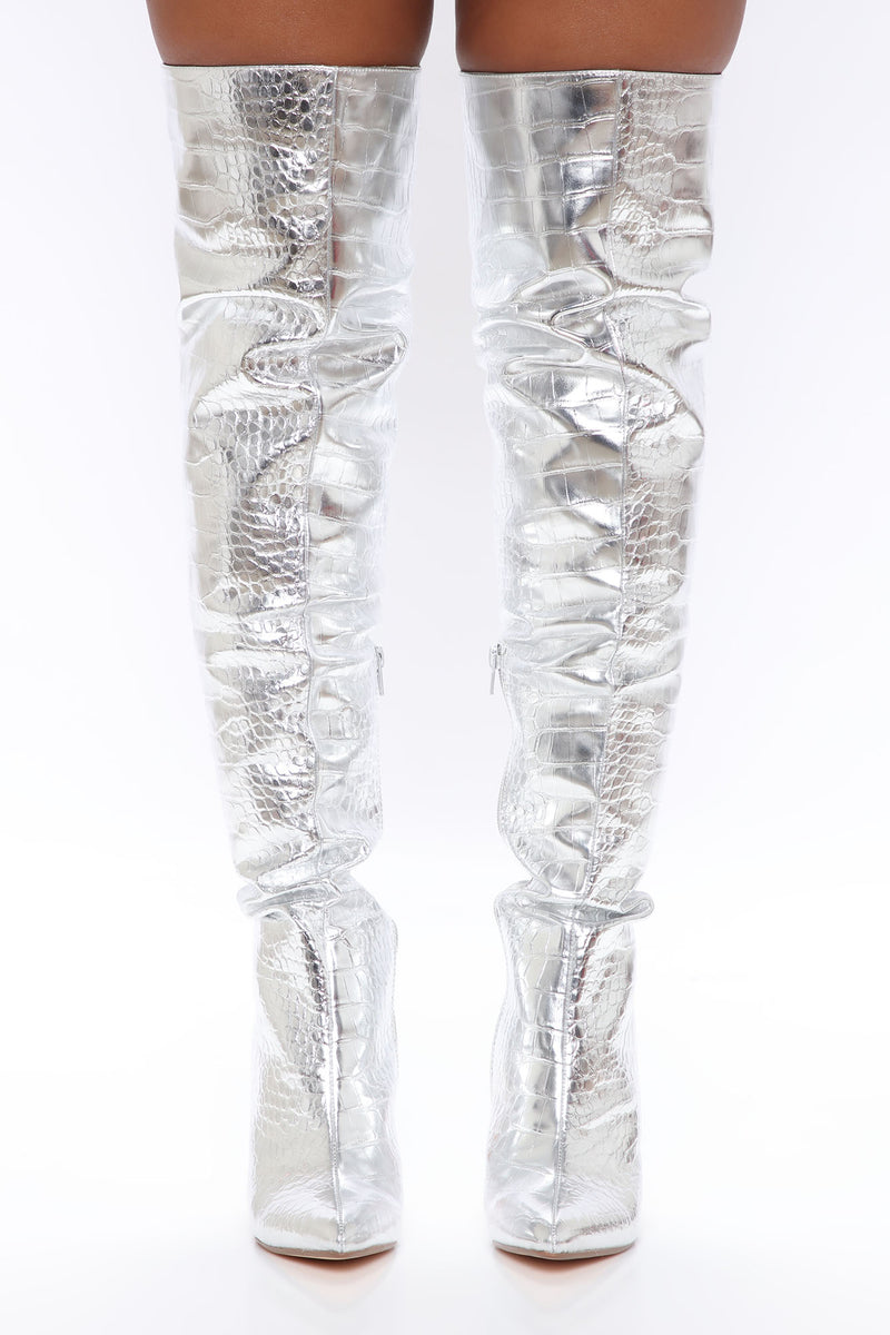 Only For You Metallic Over The Knee Boots Silver Fashion Nova