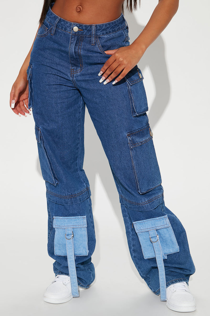 Day To Night TwoTone Baggy Cargo Jeans Dark Wash Fashion Nova