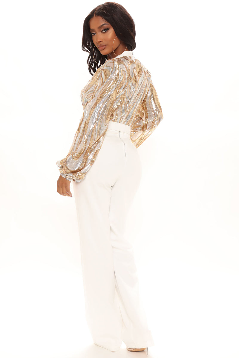 White and gold sequin hotsell top