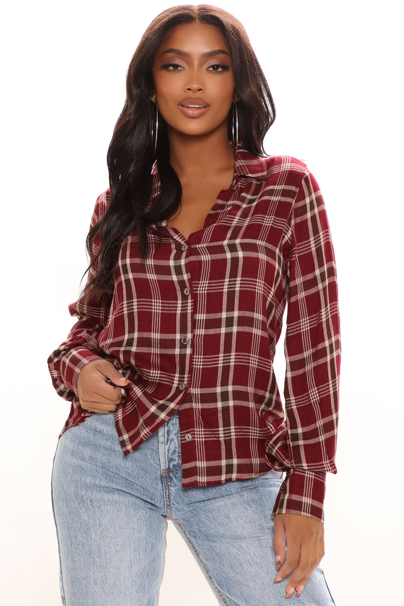 Burgundy plaid hotsell shirt womens