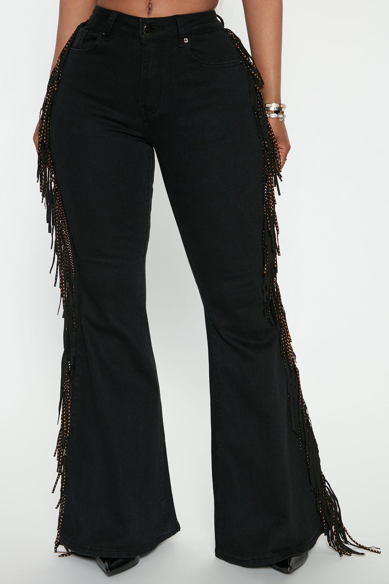 Black jeans with fringe bottom sales
