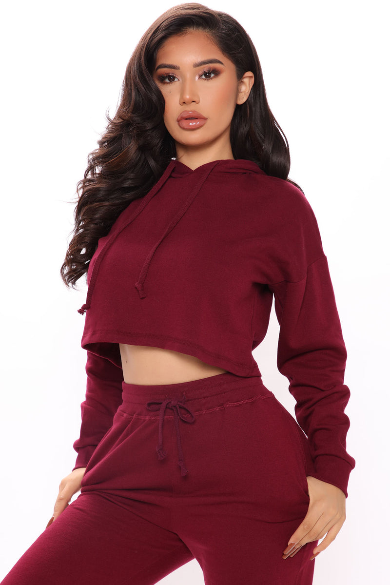 Work Things Out Fleece Crop Hoodie Burgundy Fashion Nova, Knit Tops