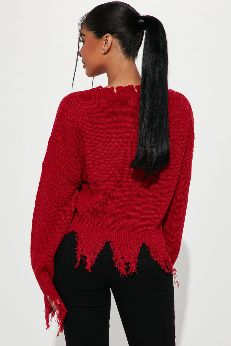 Red best sale distressed sweater