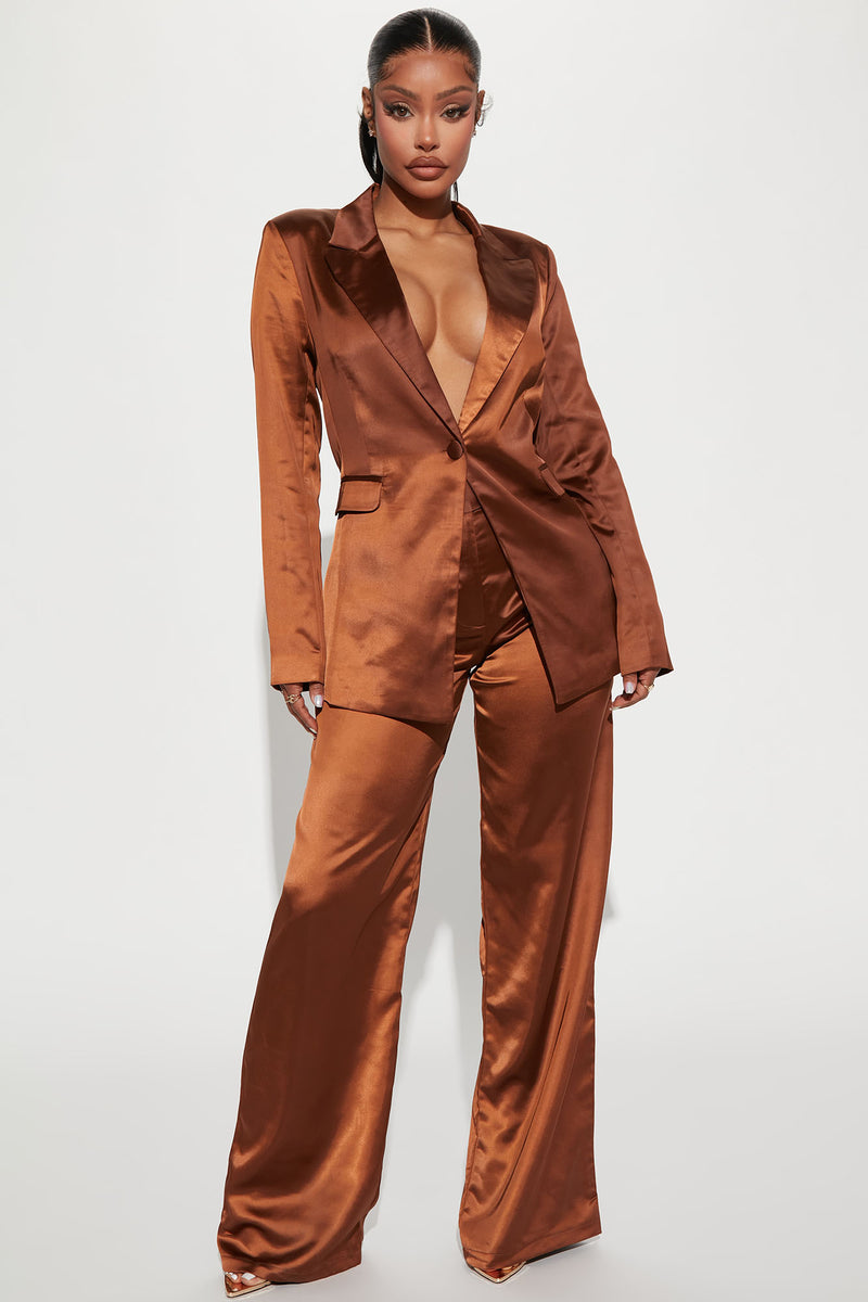 With Elegance Satin Blazer Pant Set Brown
