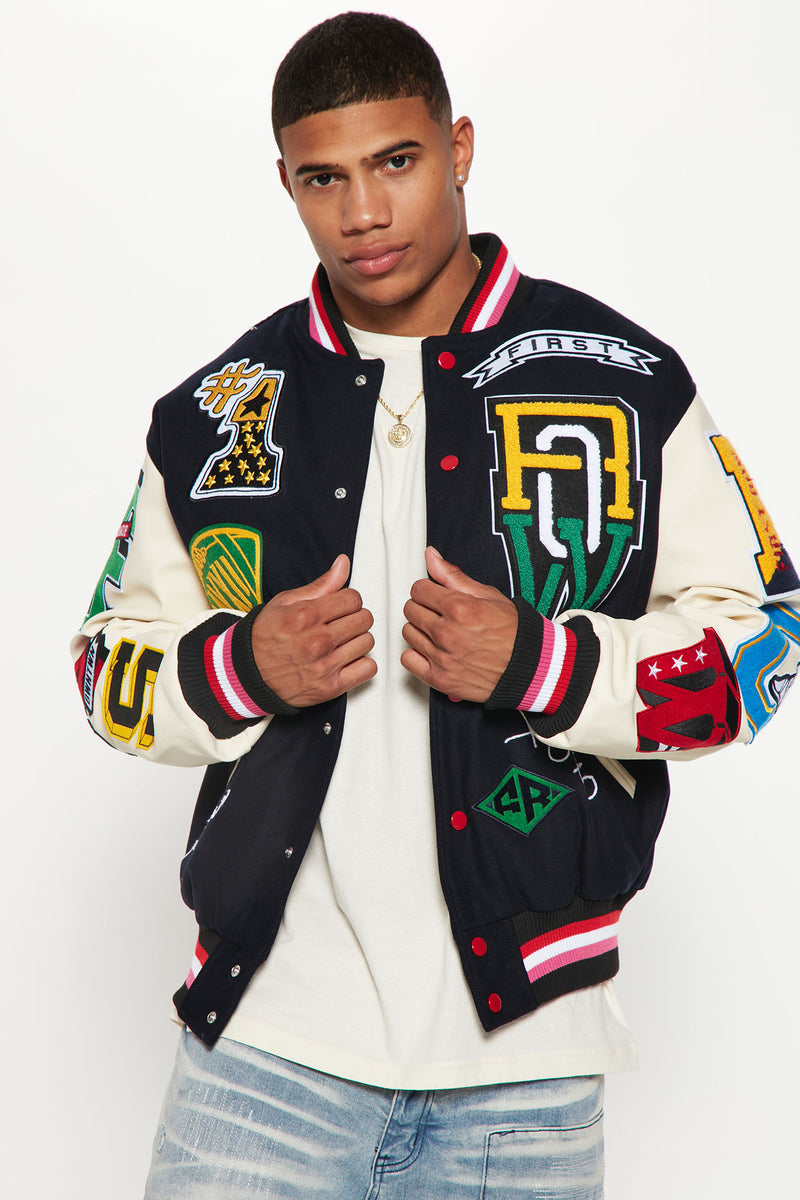 Keep Things Simple Varsity Jacket With Faux Leather Sleeves Navy