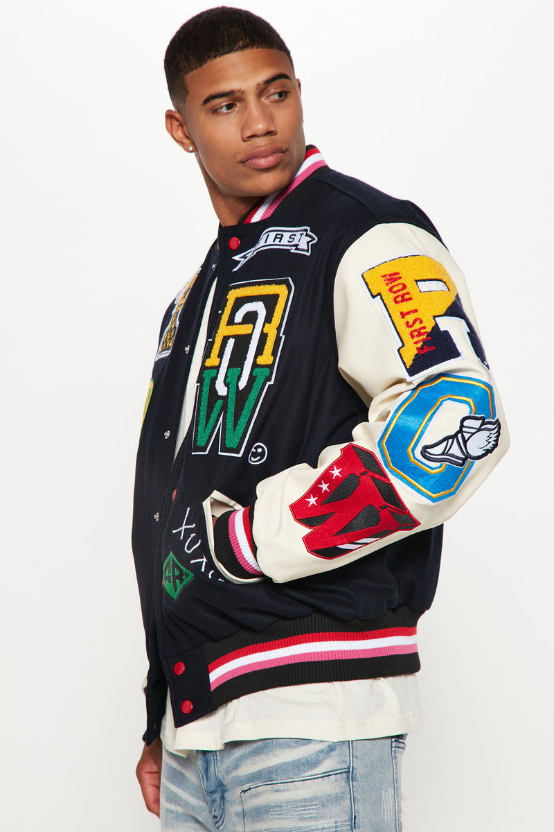 Keep Things Simple Varsity Jacket With Faux Leather Sleeves Navy