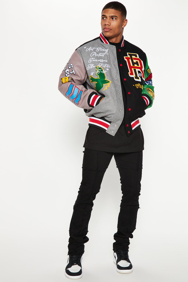 Bright Future Colorblock Varsity Jacket With Faux Leather Sleeves