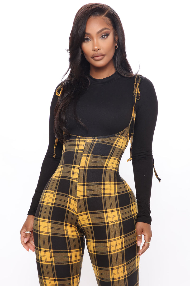 Yellow discount plaid overalls