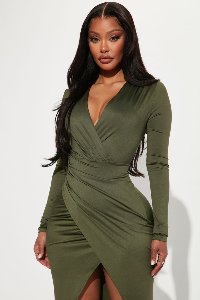 Eyes On Me Ruched Midi Dress Olive Fashion Nova Dresses