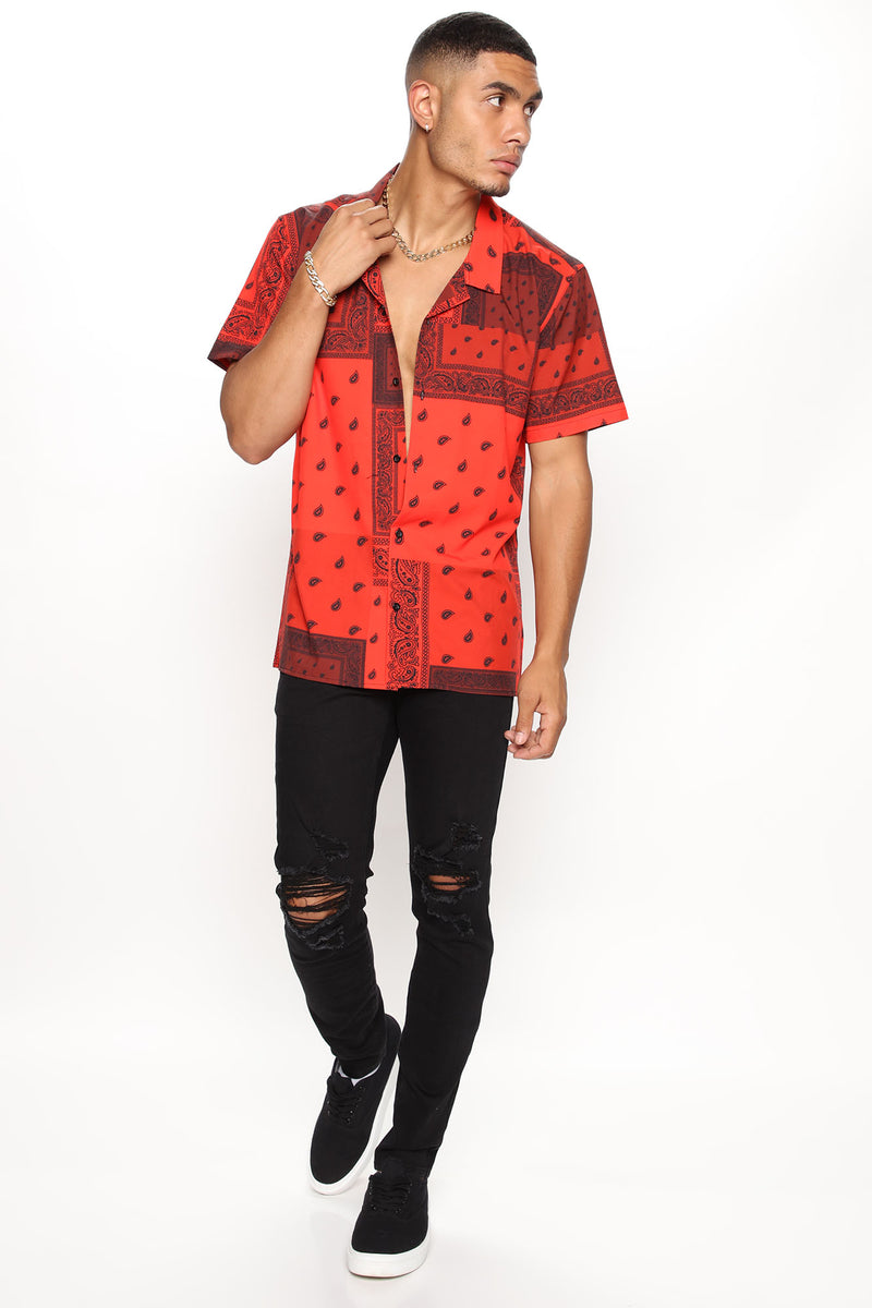 Bandana Patchwork Short Sleeve Woven Top - Red/Black, Fashion Nova, Mens  Shirts
