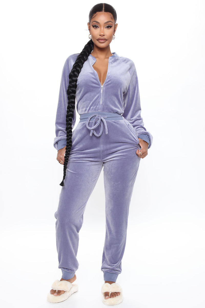 Destination Super Soft Velour Jumpsuit Light Blue