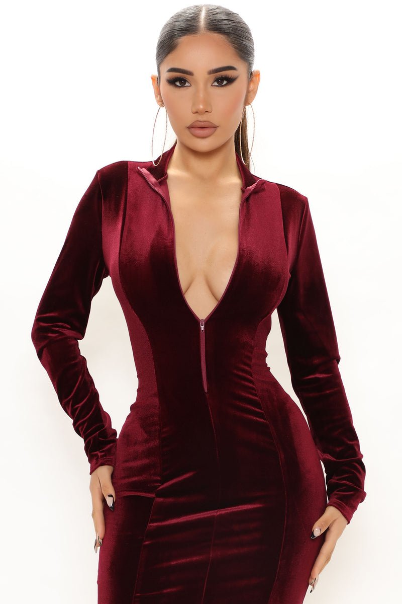 Burgundy velvet top dress fashion nova