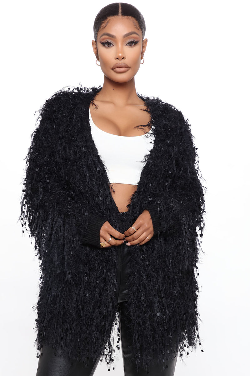Shaggy knit cardigan discount black