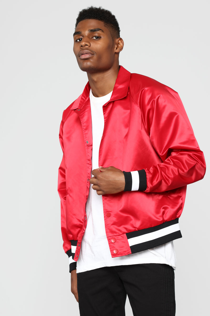 Red satin bomber best sale jacket mens