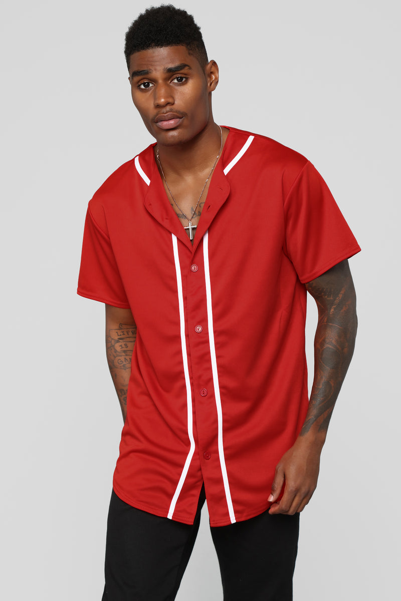 gym red baseball jersey
