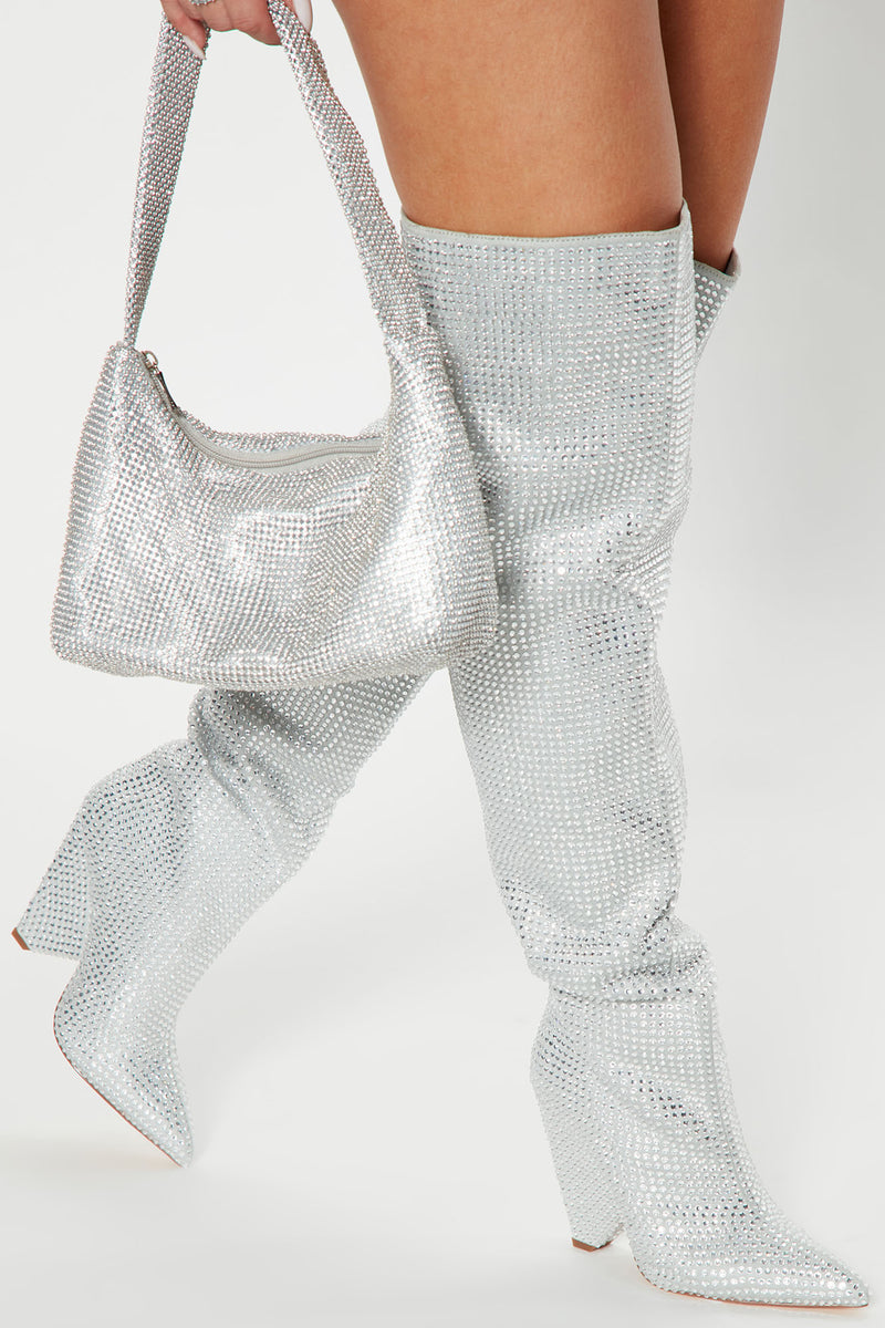 Put Me In The Spotlight Rhinestone Boots Silver