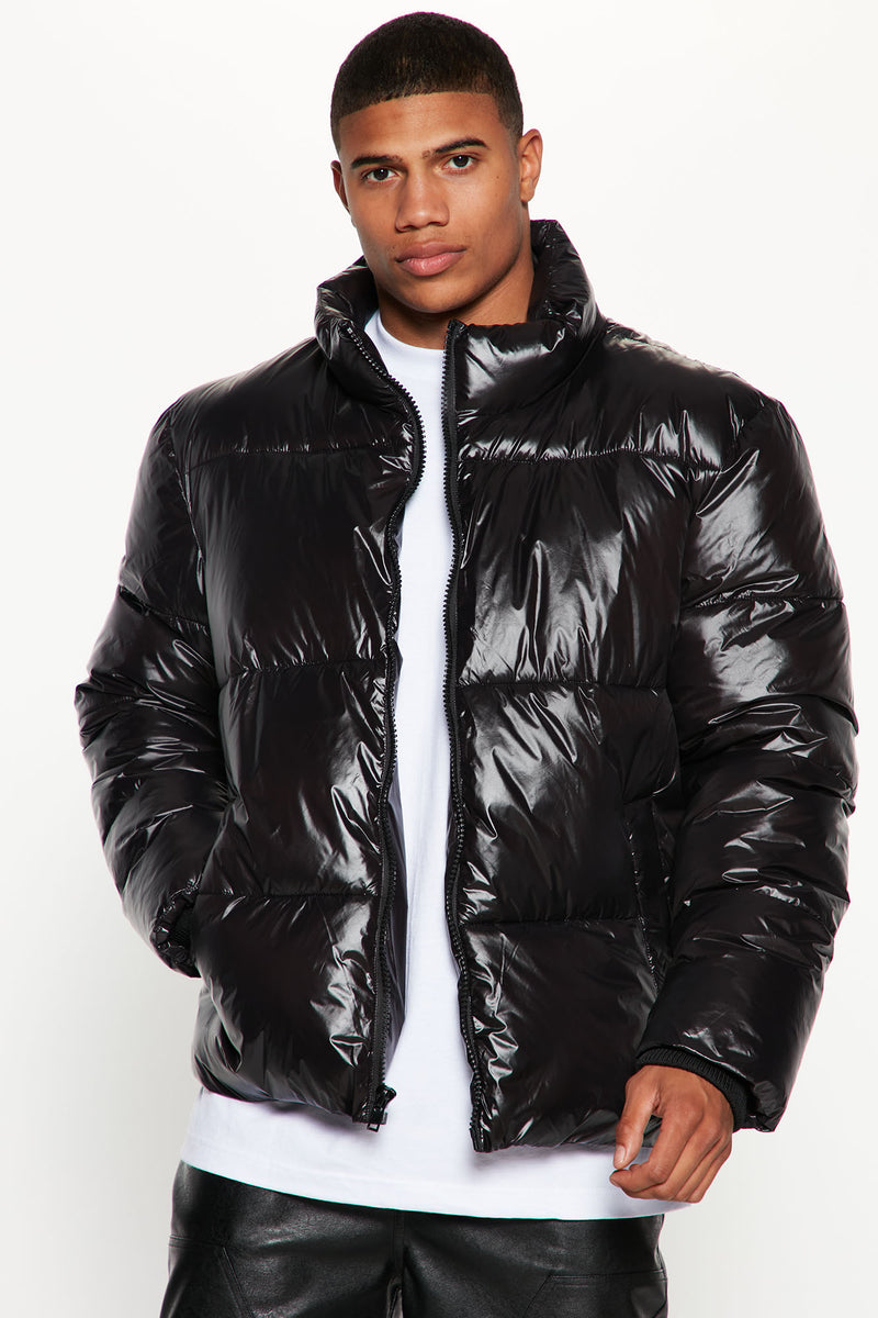 Mens shiny puffer shop jacket with hood