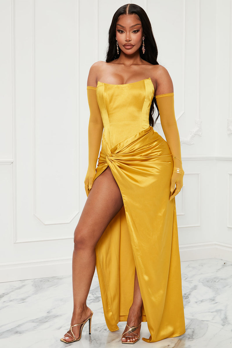 Teagan Satin Maxi Dress Set Mustard Fashion Nova Dresses