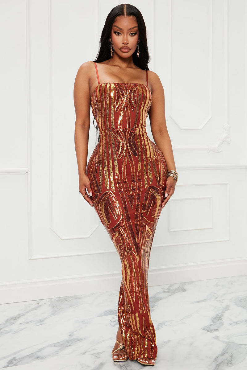Raise A Glass Sequin Maxi Dress Rust combo Fashion Nova