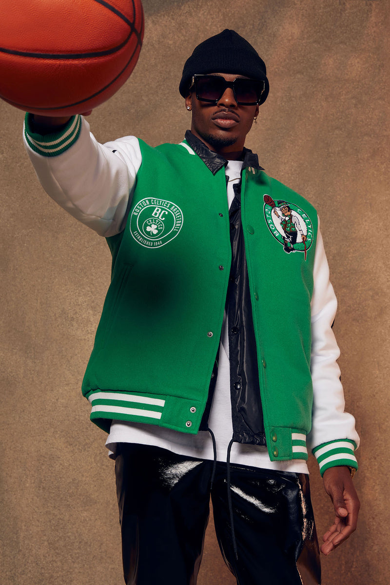 Mens Letterman Boston Celtics Green and White Varsity Bomber Jacket