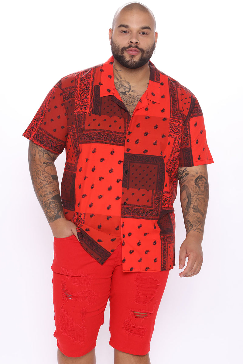 Bandana Patchwork Short Sleeve Woven Top - Red/Black, Fashion Nova, Mens  Shirts