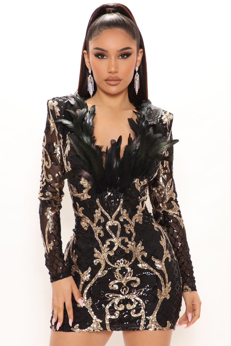 Magnificent Sequin Mini Dress Black Gold Fashion Nova Dresses