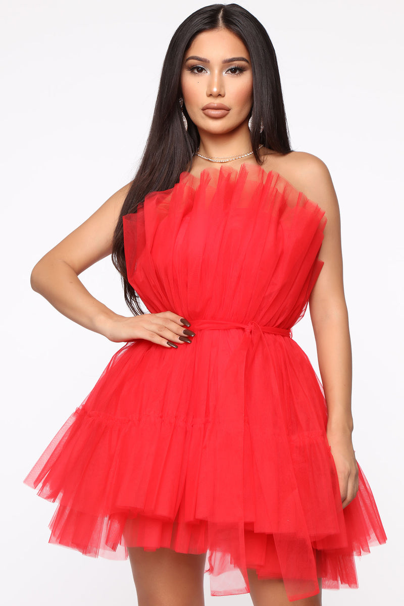 Aella | Red Bandeau Volume Pleated Tulle Mini Dress US 6 / Red