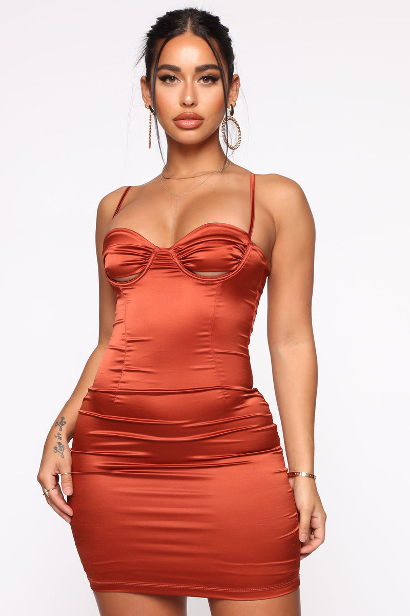 Rust satin mini dress cheap
