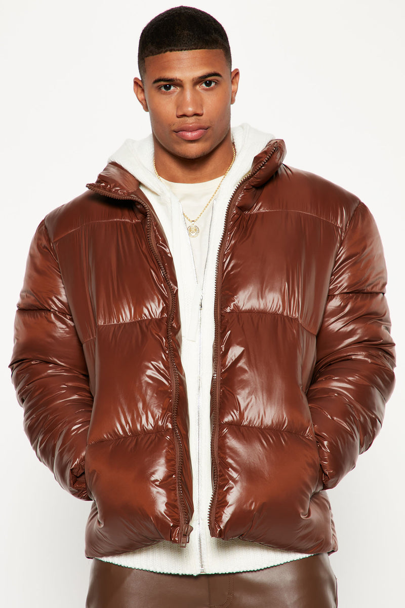 High Collar Gloss Puffer Jacket - Chocolate | Fashion Nova, Mens