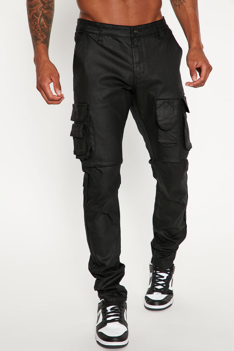 Flap Pockets Waxed Stacked Skinny Cargo Jeans Black Fashion