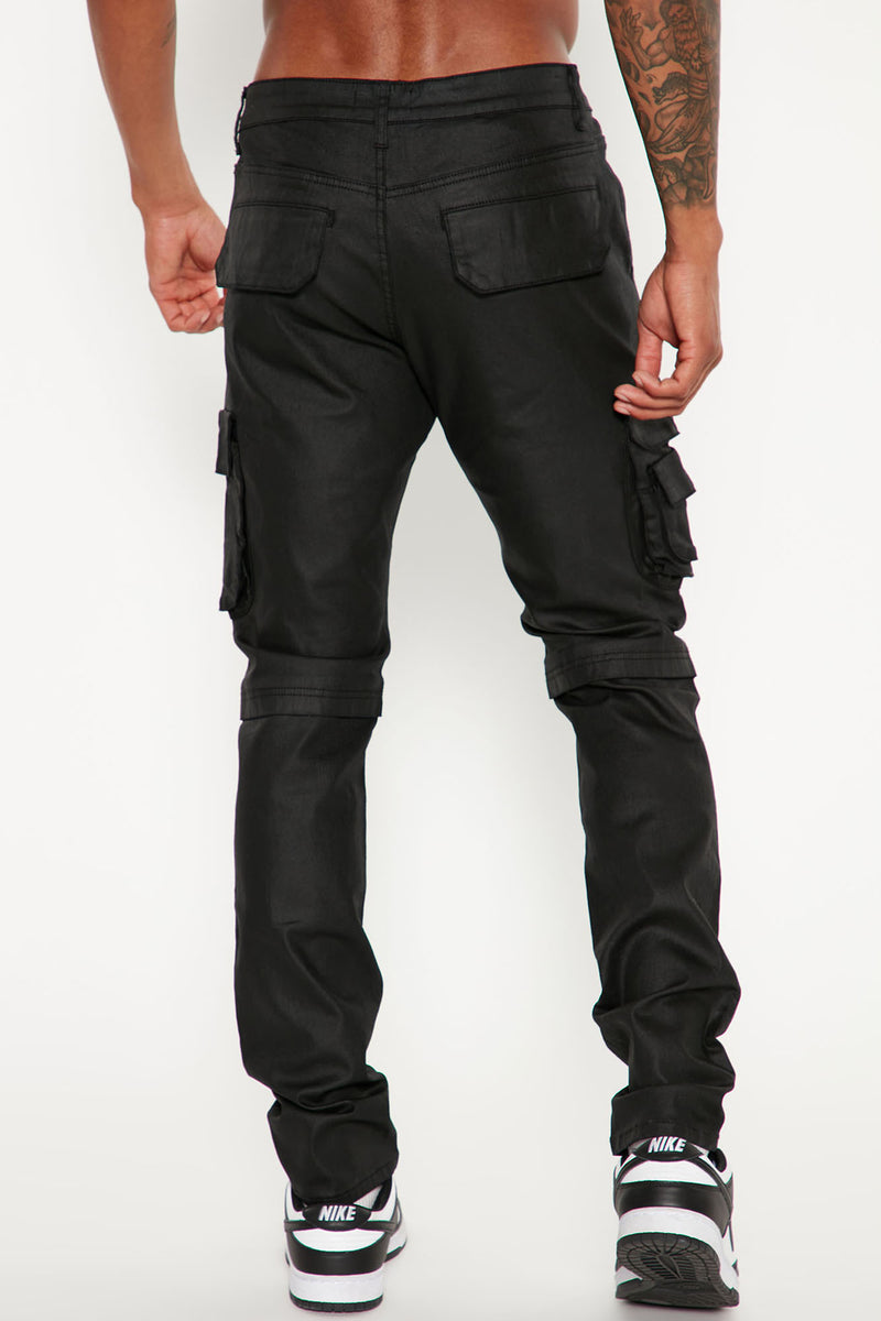 Flap Pockets Waxed Stacked Skinny Cargo Jeans - Black