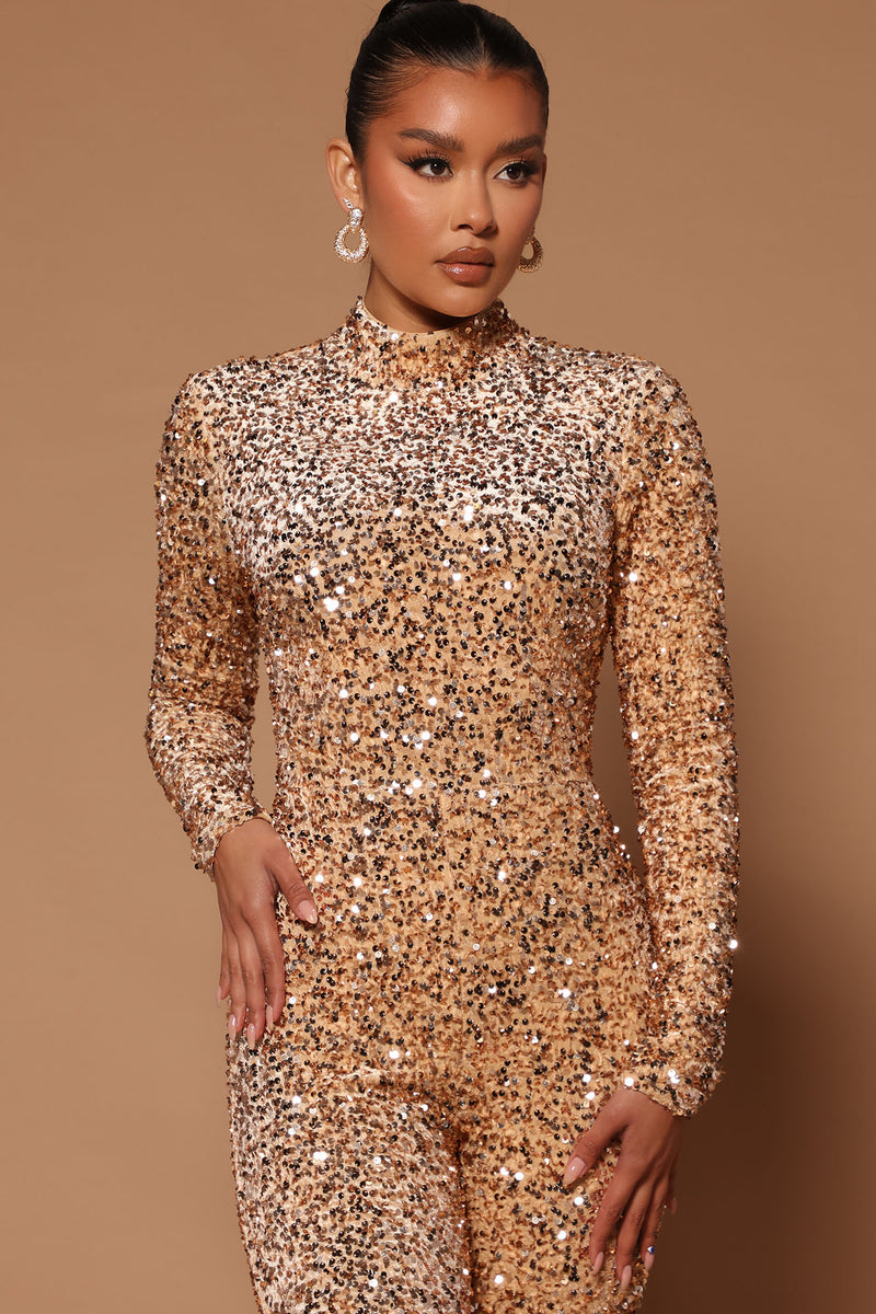 Gold jumpsuit fashion nova on sale