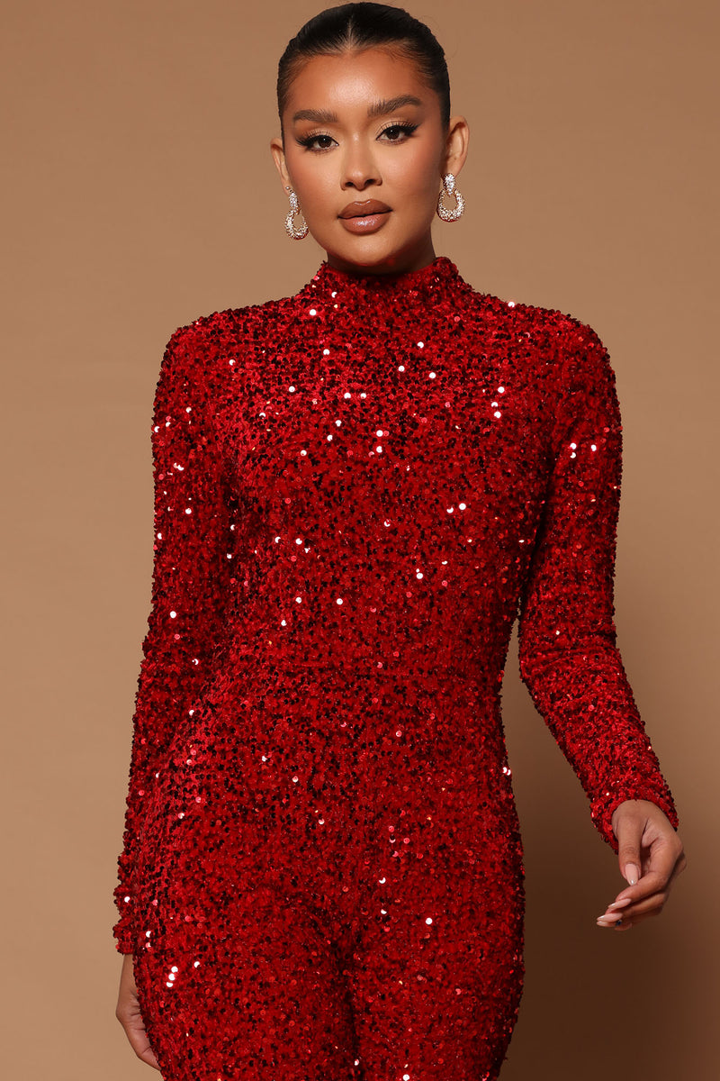 Red jumpsuit shop sequin