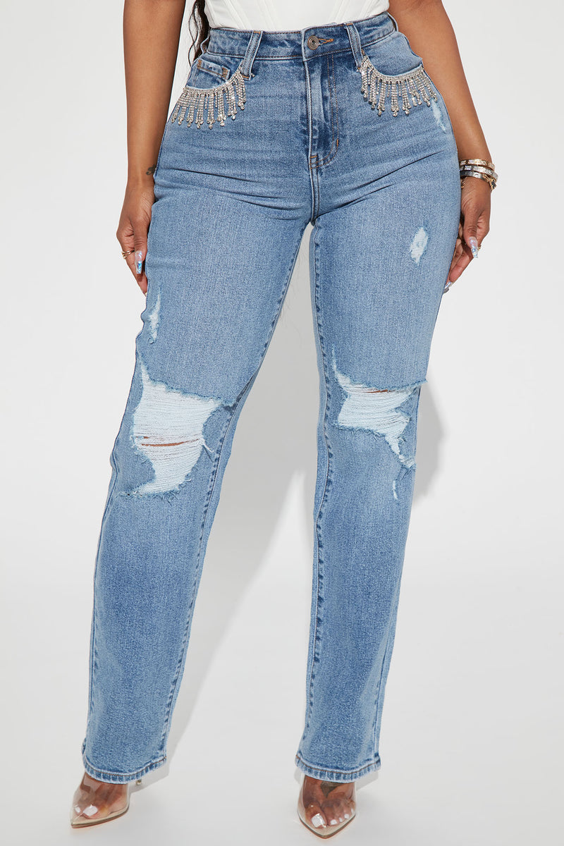 Western Bling Straight Leg Jeans Light Blue Wash