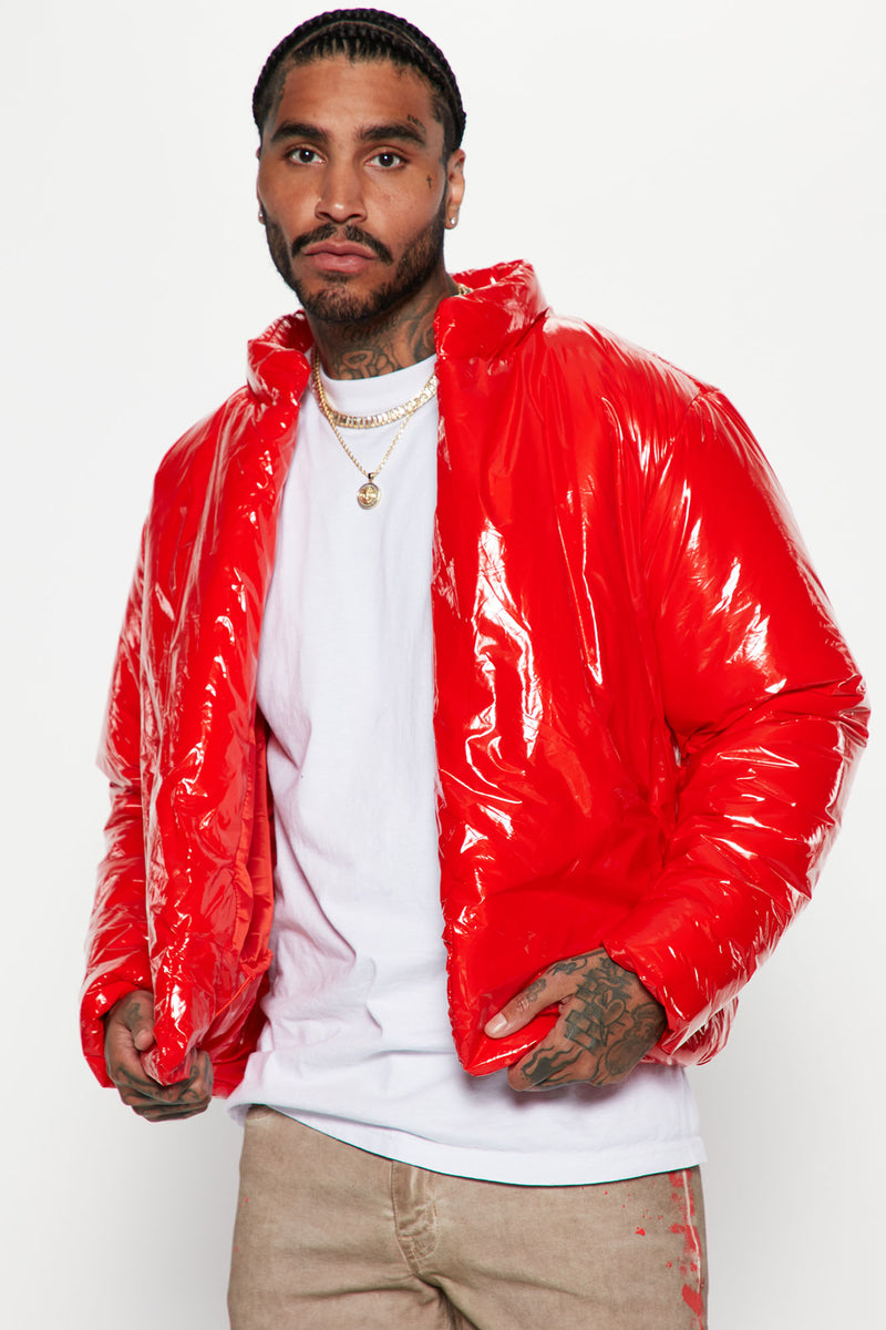 Shiny red puffer jacket mens store