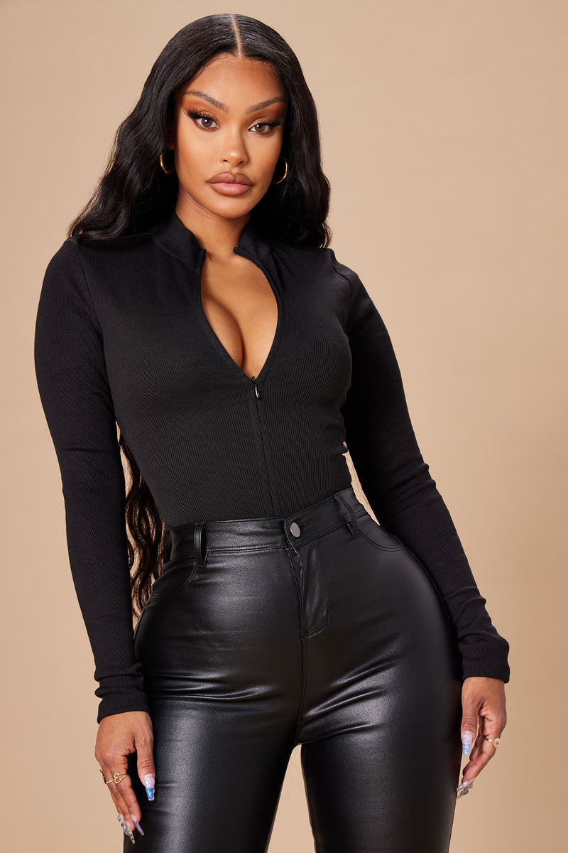 Take The Plunge Lined Long Sleeve Bodysuit - Black, Fashion Nova, Bodysuits