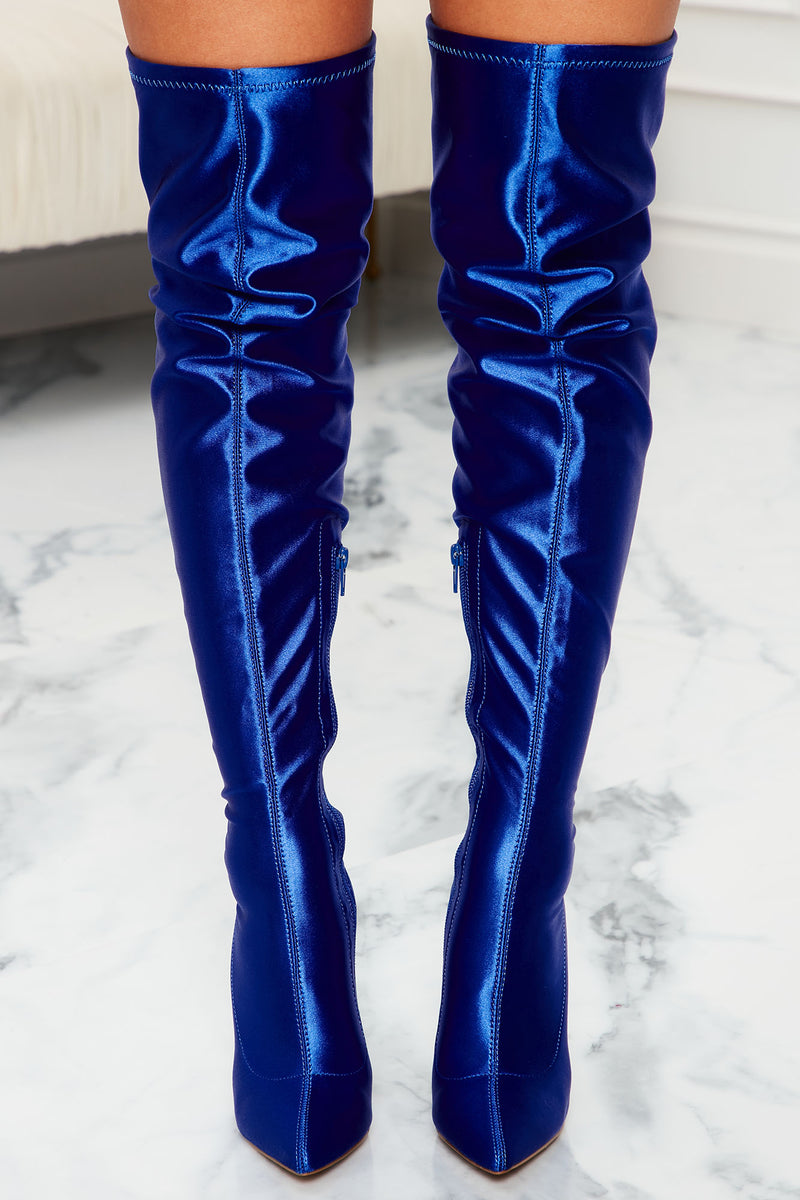 Blue velvet thigh high boots outfit cheap