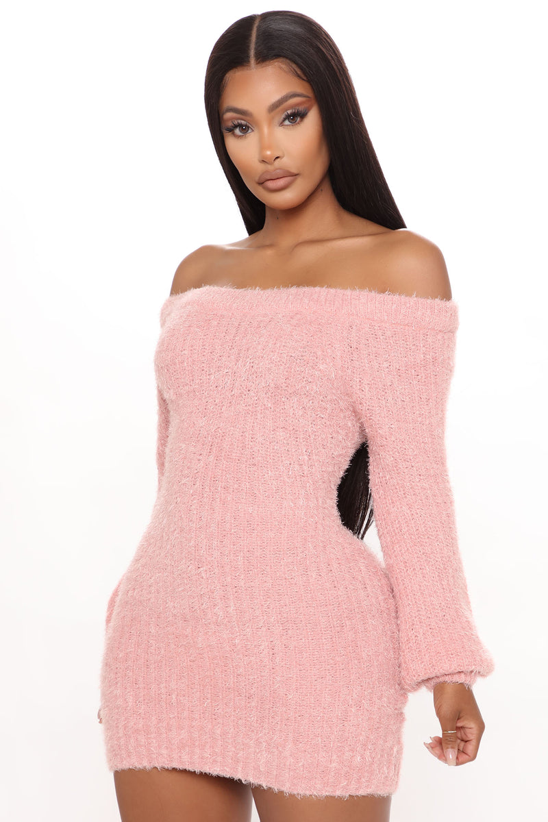 Bella Off Shoulder Sweater Dress Pink