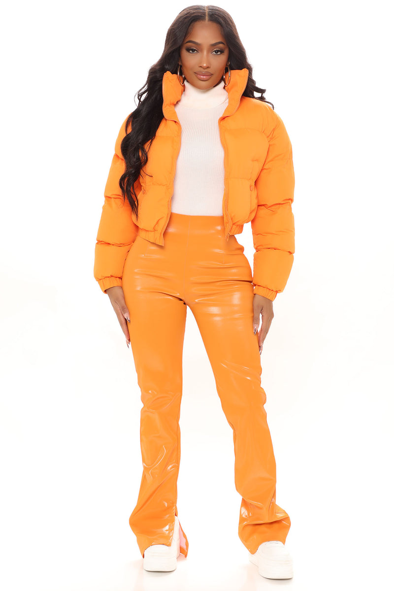 Orange vinyl clearance puffer jacket