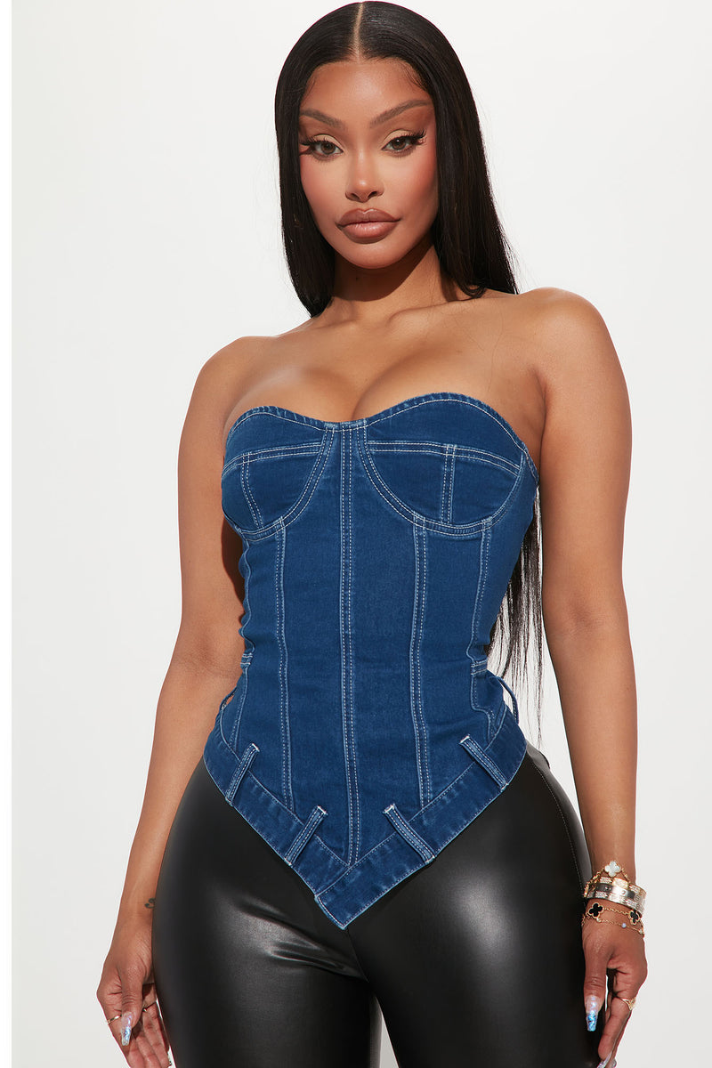 Tensions High Denim Corset Top Medium Blue Wash