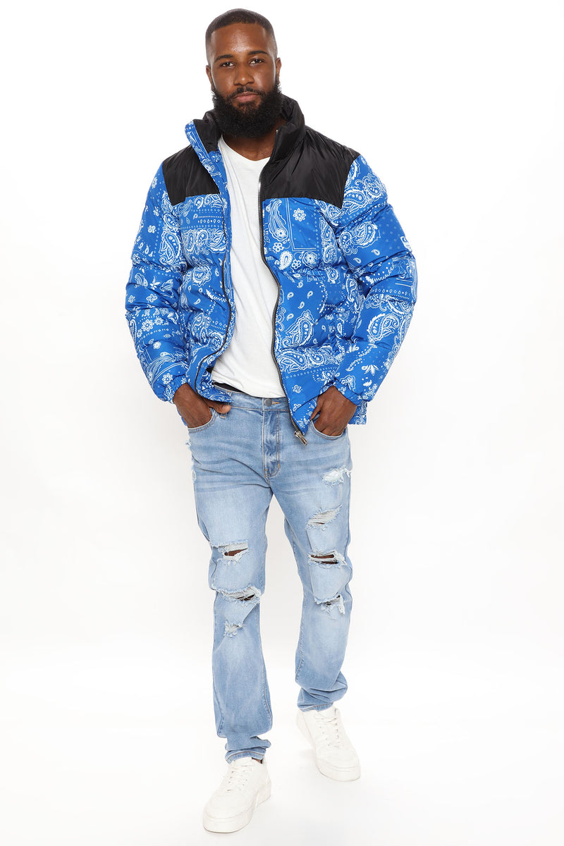 Blue and white puffer jacket top