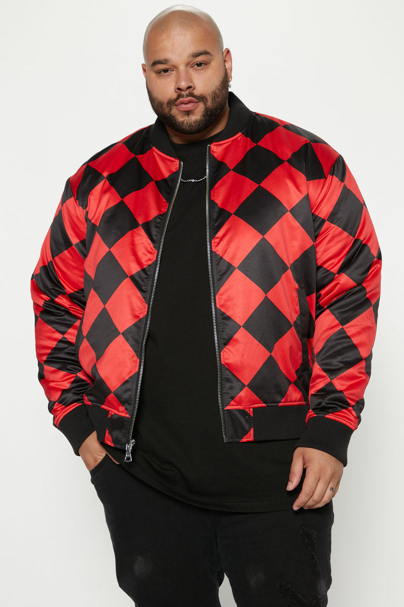 Black bomber jacket online with red tartan inside